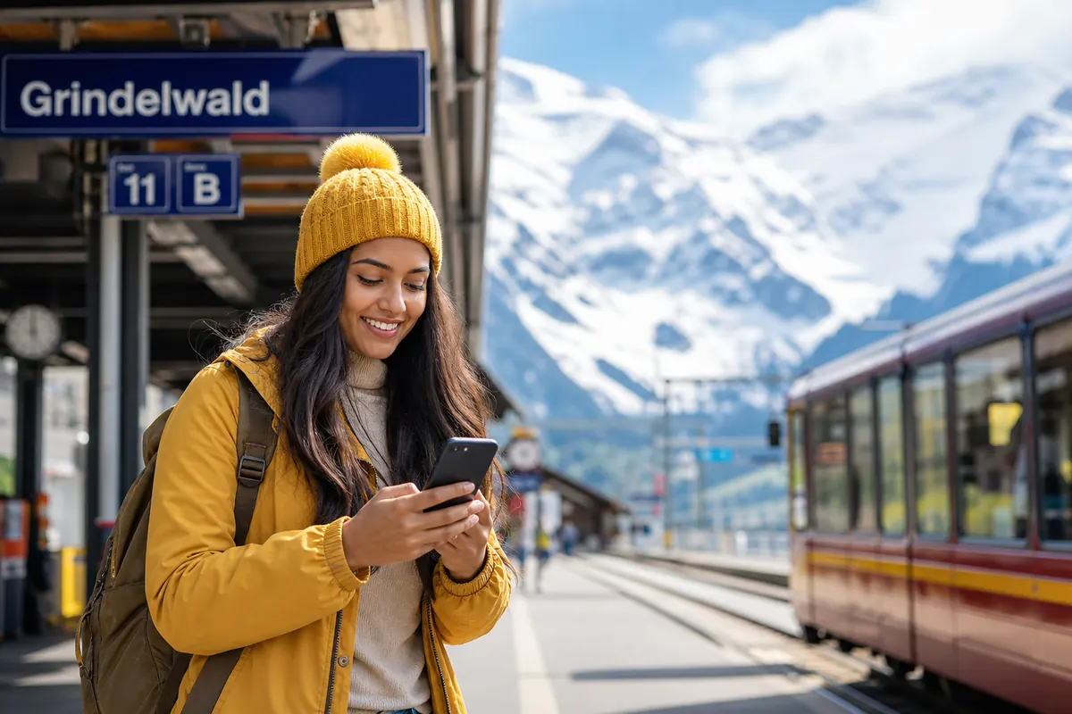 Traveler activating their eSIM on a smartphone upon arrival in Switzerland.
