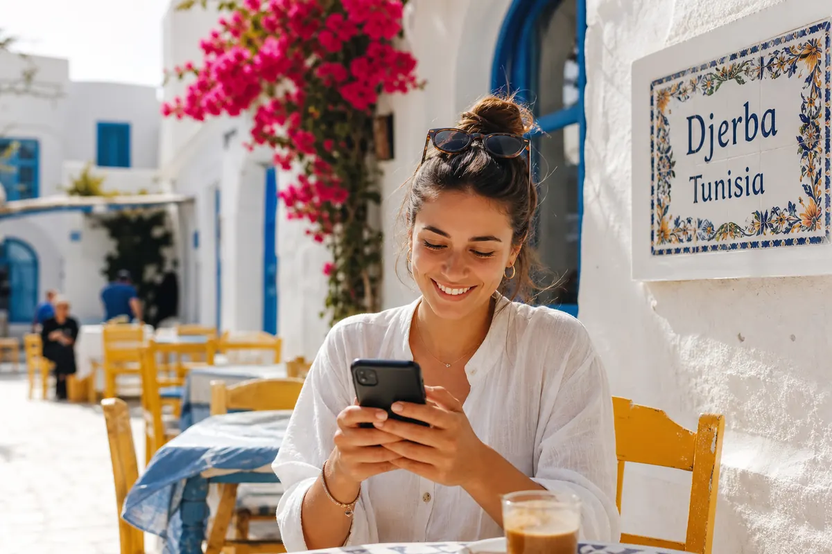 Relaxed traveler using a smartphone in the sun in Djerba, Tunisia.