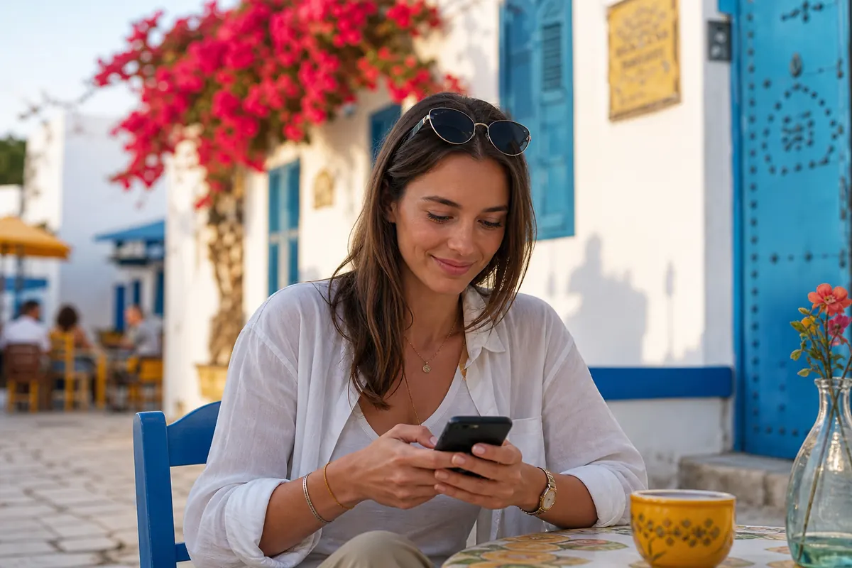 Traveler setting up mobile connection in a cafe in Sidi Bou Said.