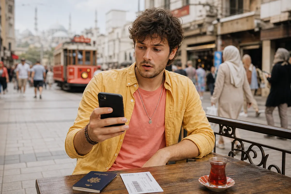 Worried traveler looking at their smartphone in Istanbul, passport on the table.