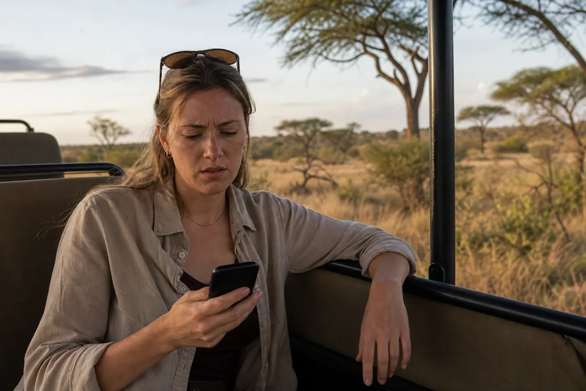 Tourist without mobile network looking at their phone during a South African safari.