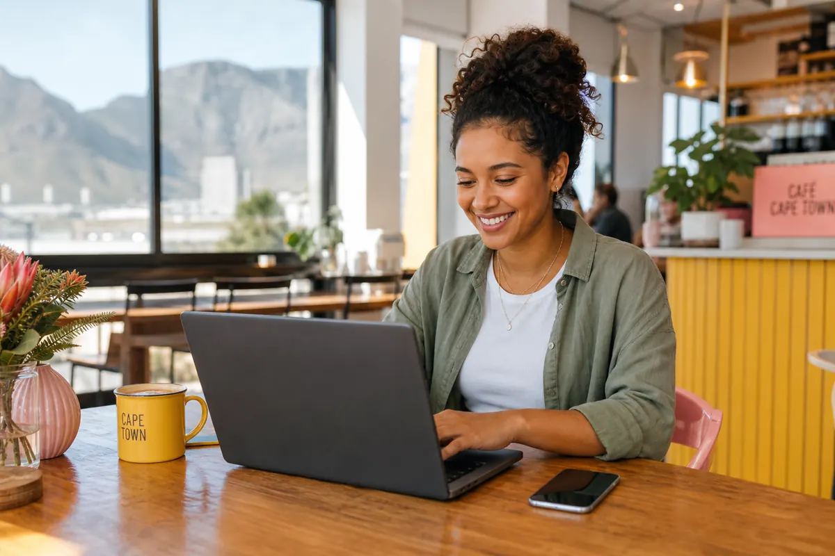Traveler using a mobile hotspot in a Cape Town cafe.