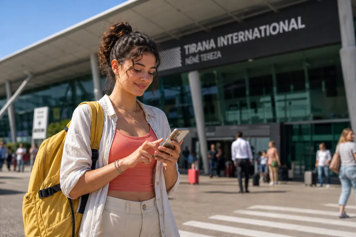 Traveler activating their eSIM plan on a smartphone upon arriving in Albania.
