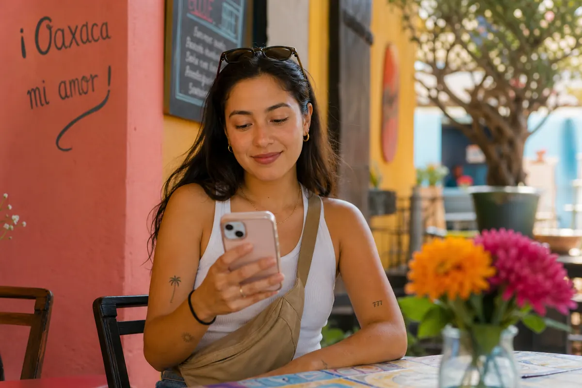 Traveler using their smartphone in a café in Oaxaca, Mexico.