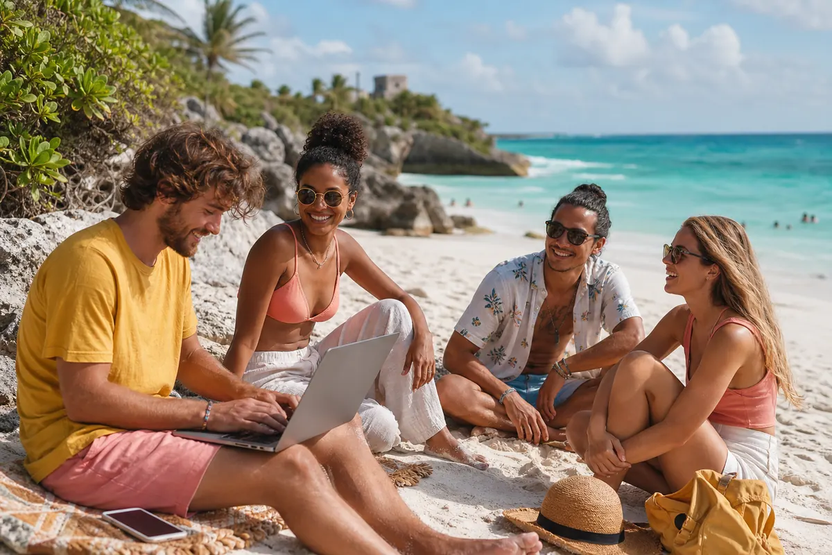 Friends sharing a mobile hotspot connection on the beach in Tulum.