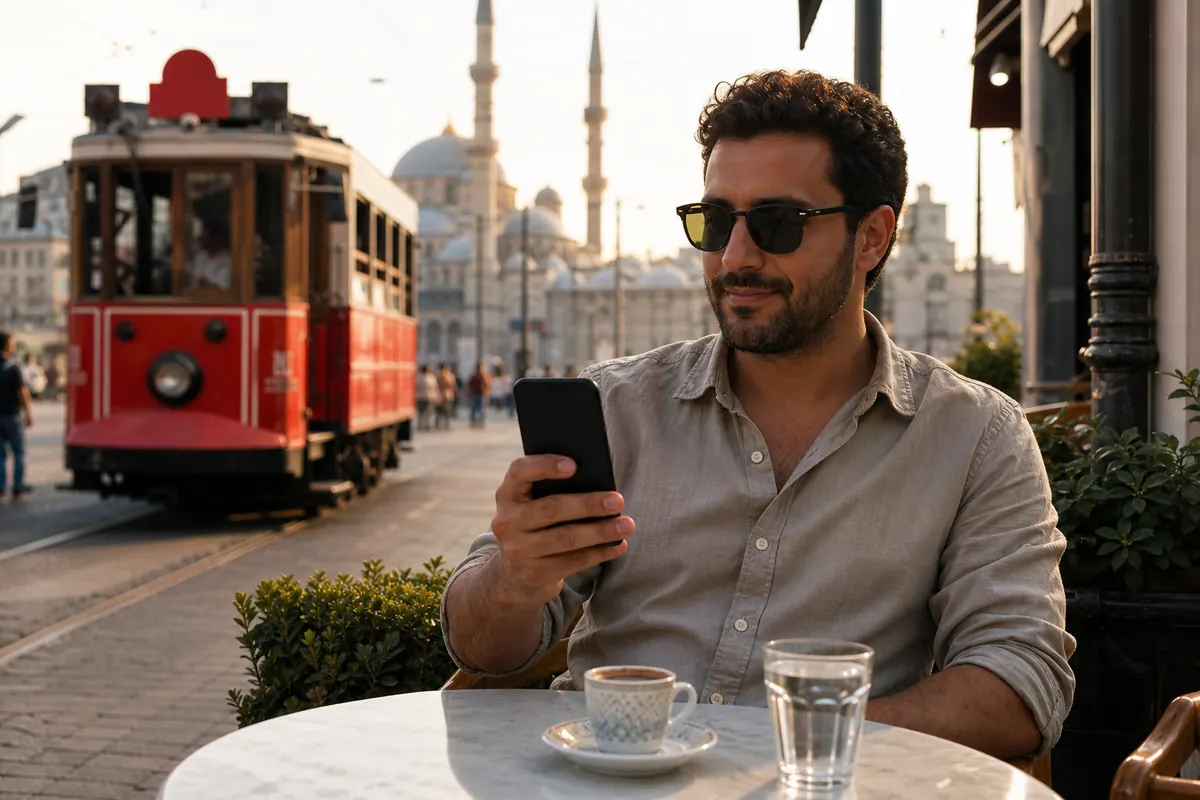 Relaxed traveler using their smartphone in Turkey without roaming charges.