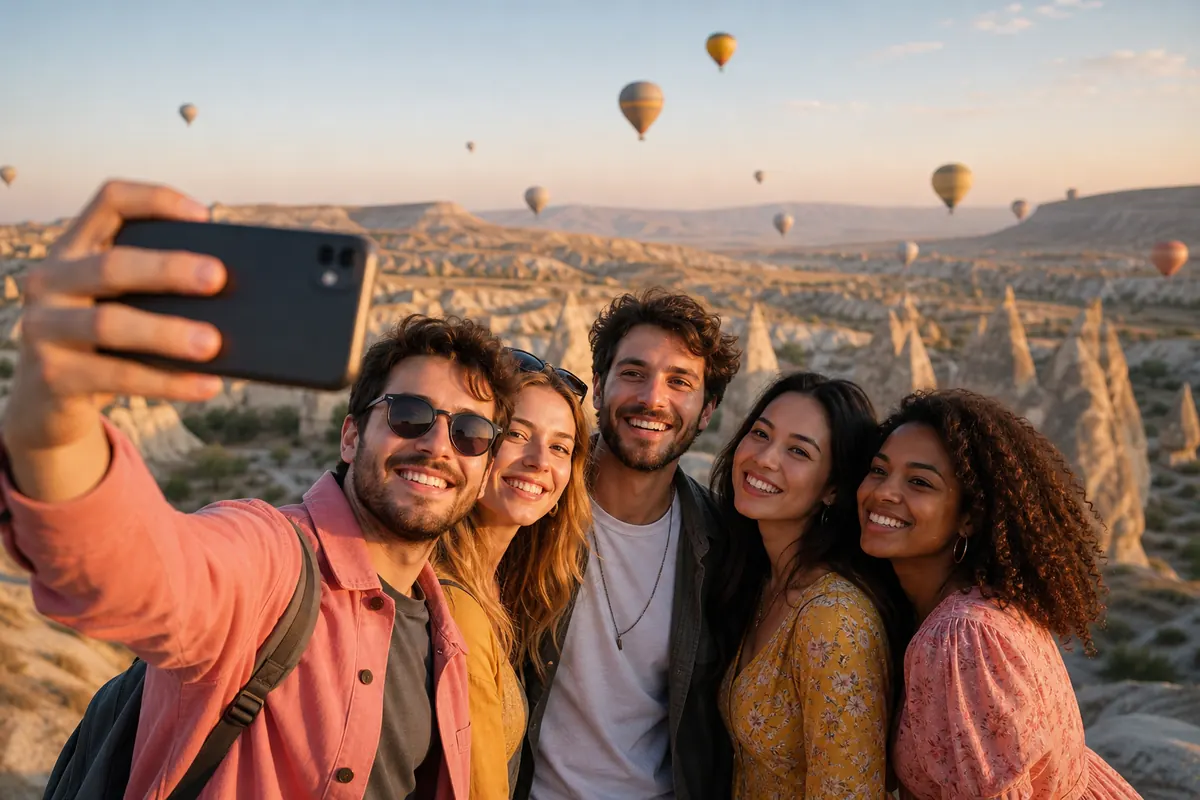 Group of connected friends taking a selfie in front of the hot air balloons in Cappadocia.