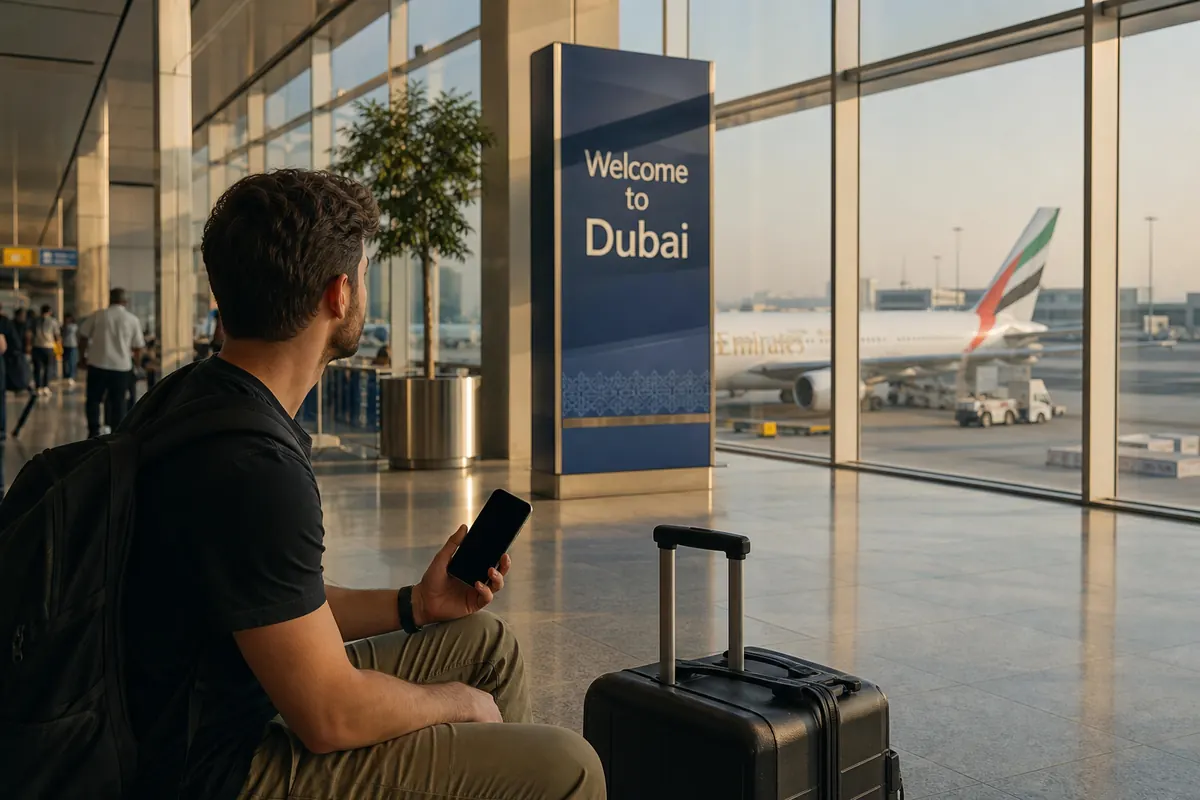 Traveler with passport checking their smartphone at Dubai airport.