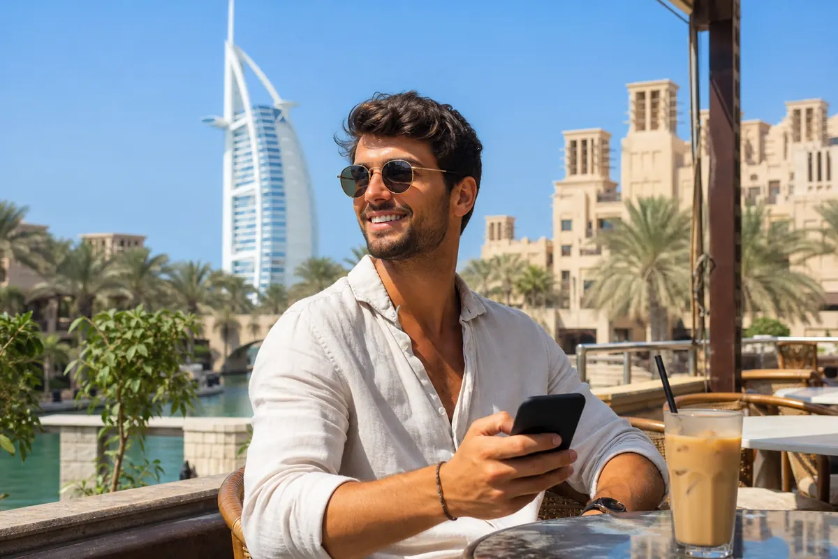 Two smiling travelers sharing a mobile connection in a cafe in Dubai.