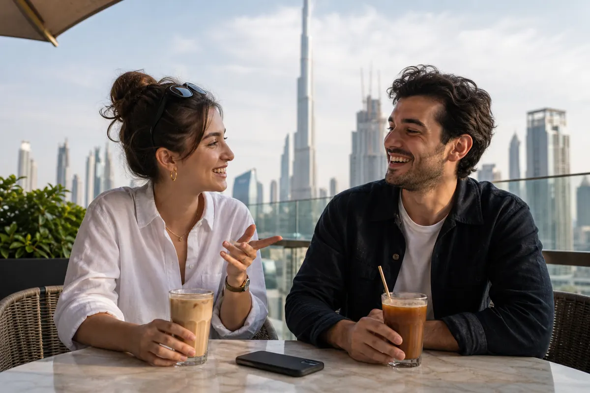 Traveler calmly using their smartphone with mobile internet in Dubai.