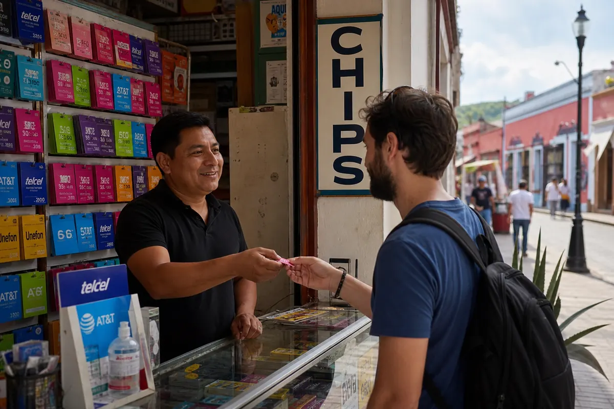 Connected traveler looking at their smartphone on a sunny street in Mexico.