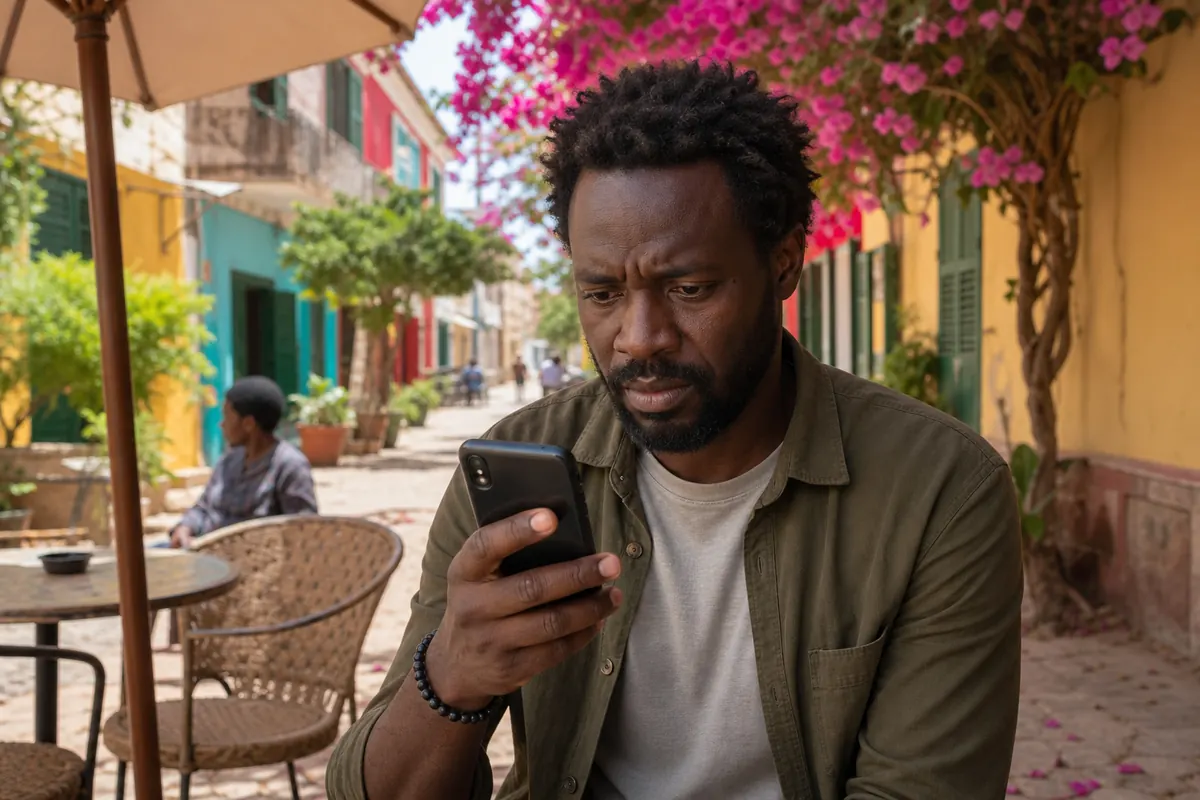 Tourist checking eSIM prices on their smartphone in Dakar, Senegal.