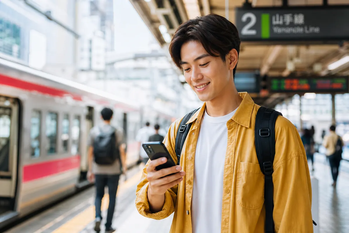 Traveler in Japan comfortably checking a map on their smartphone using an affordable eSIM.