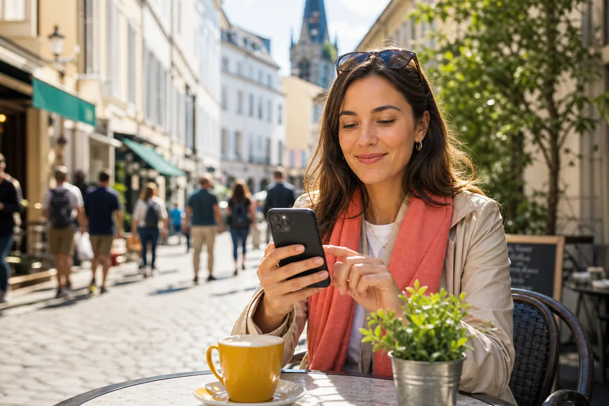 Relaxed traveler managing their mobile data on a smartphone while sitting at an outdoor cafe.
