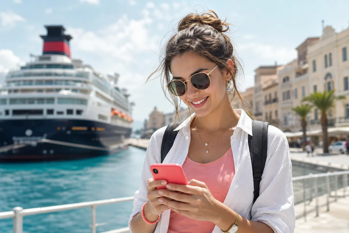 Traveler connected on their smartphone during a cruise port call.
