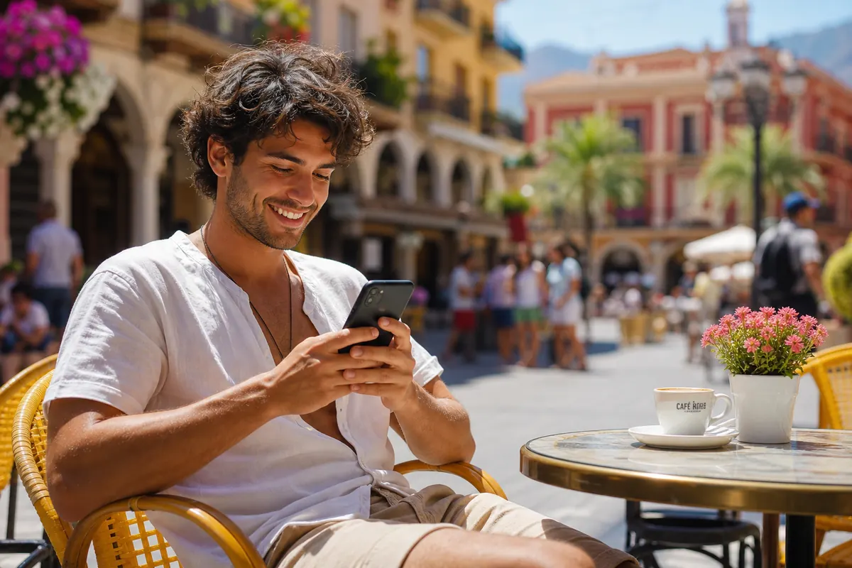 Personne connectée sur son smartphone dans un café ensoleillé en Espagne.