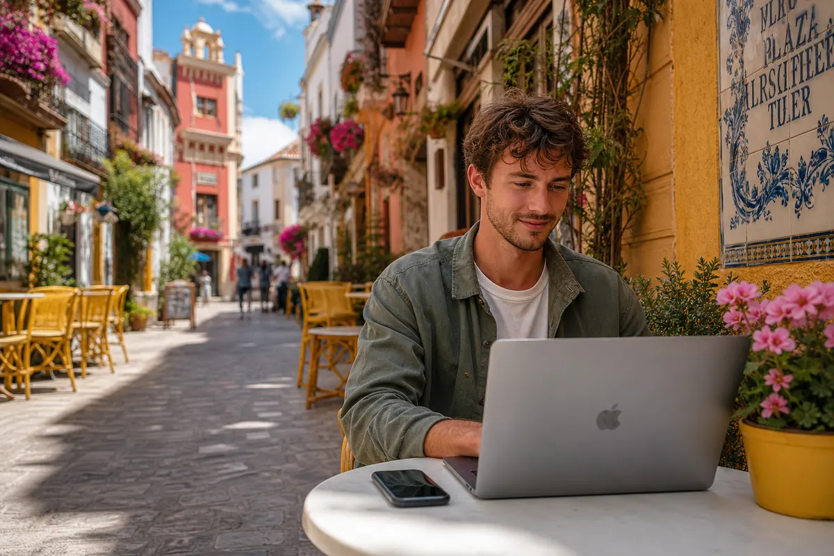 Télétravail en Espagne avec un smartphone en partage de connexion.