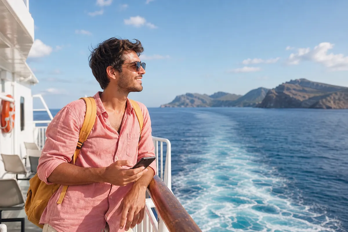 Voyageur sur un ferry vers les Baléares regardant l'océan avec son téléphone.